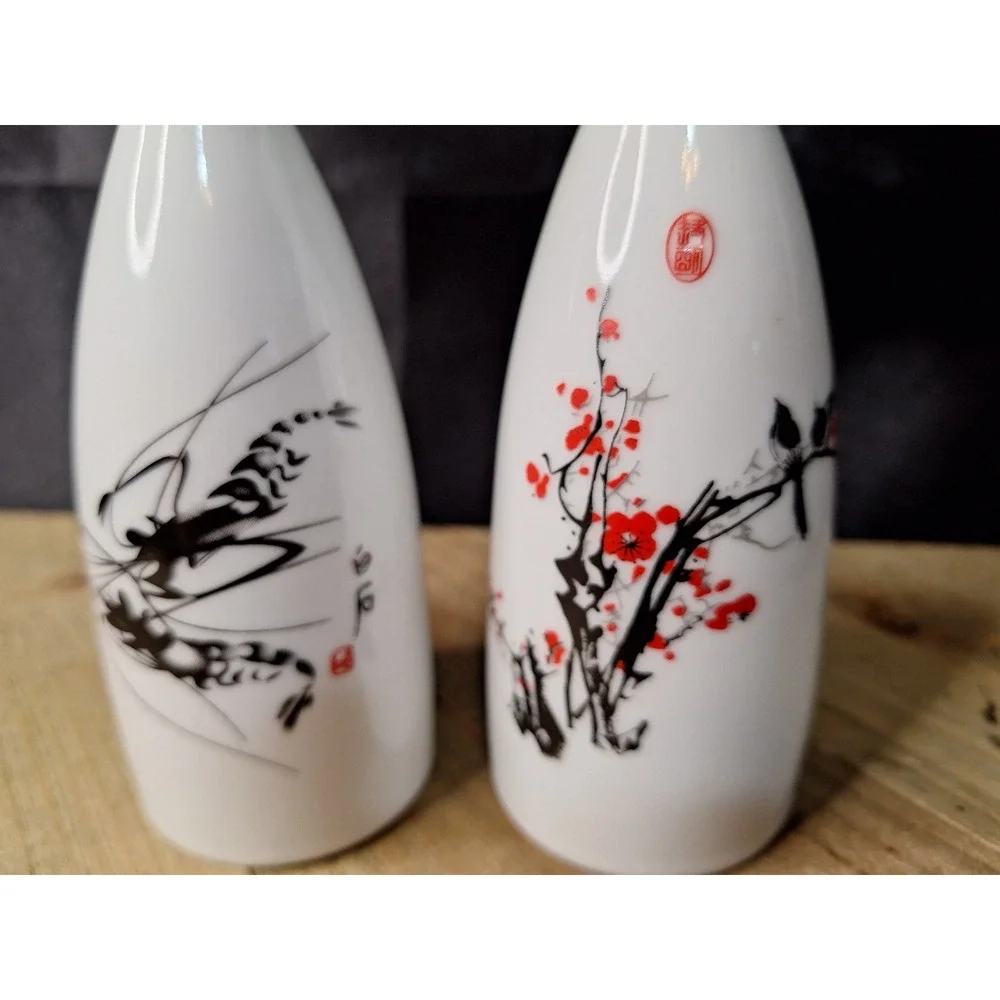 Vintage Chinese Porcelain Sake Bottles Pair Shrimp and Plum Blossom Calligraphy